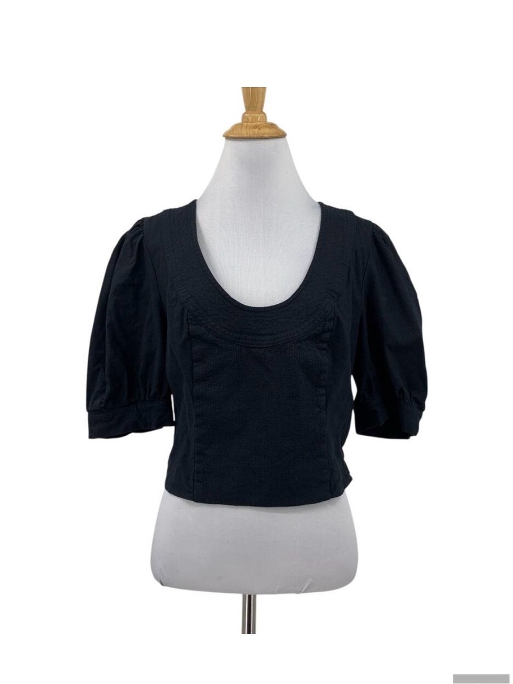Anthropologie Blouse Womens M Medium Black Linen Blend Cropped Puff Sleeve Scoop
